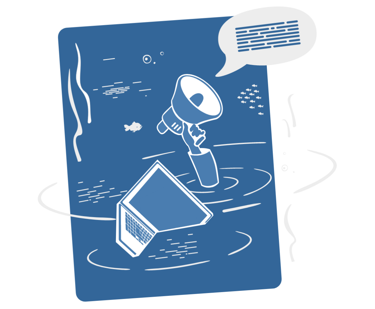 Illustration of a computer sinking in a body of water with a human arm sticking out next to it holding a megaphone