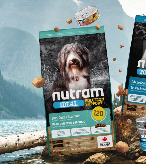A collage of Nutram pet food packaging