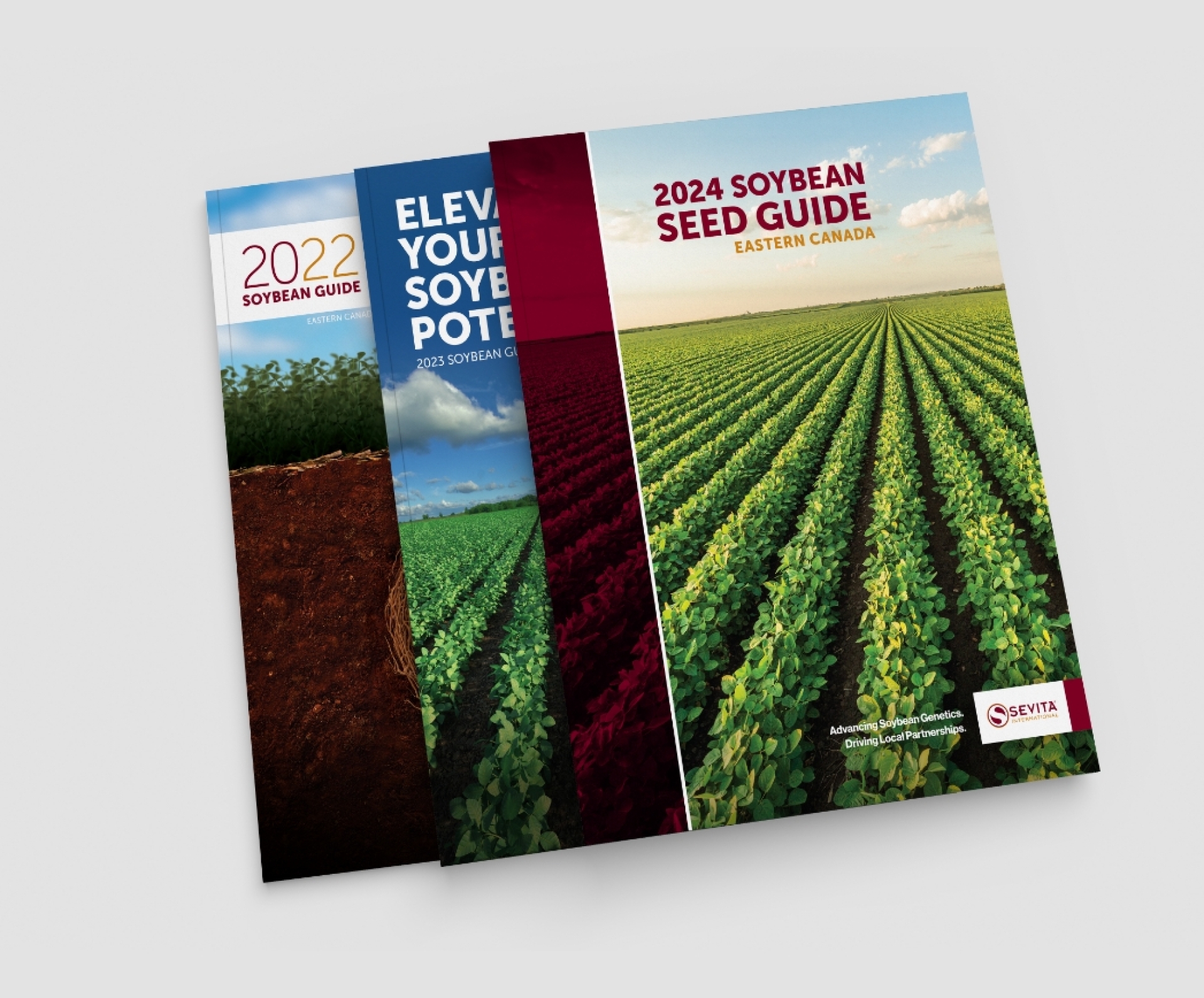 The covers of Sevita seed guide publication designs from 2022-2024