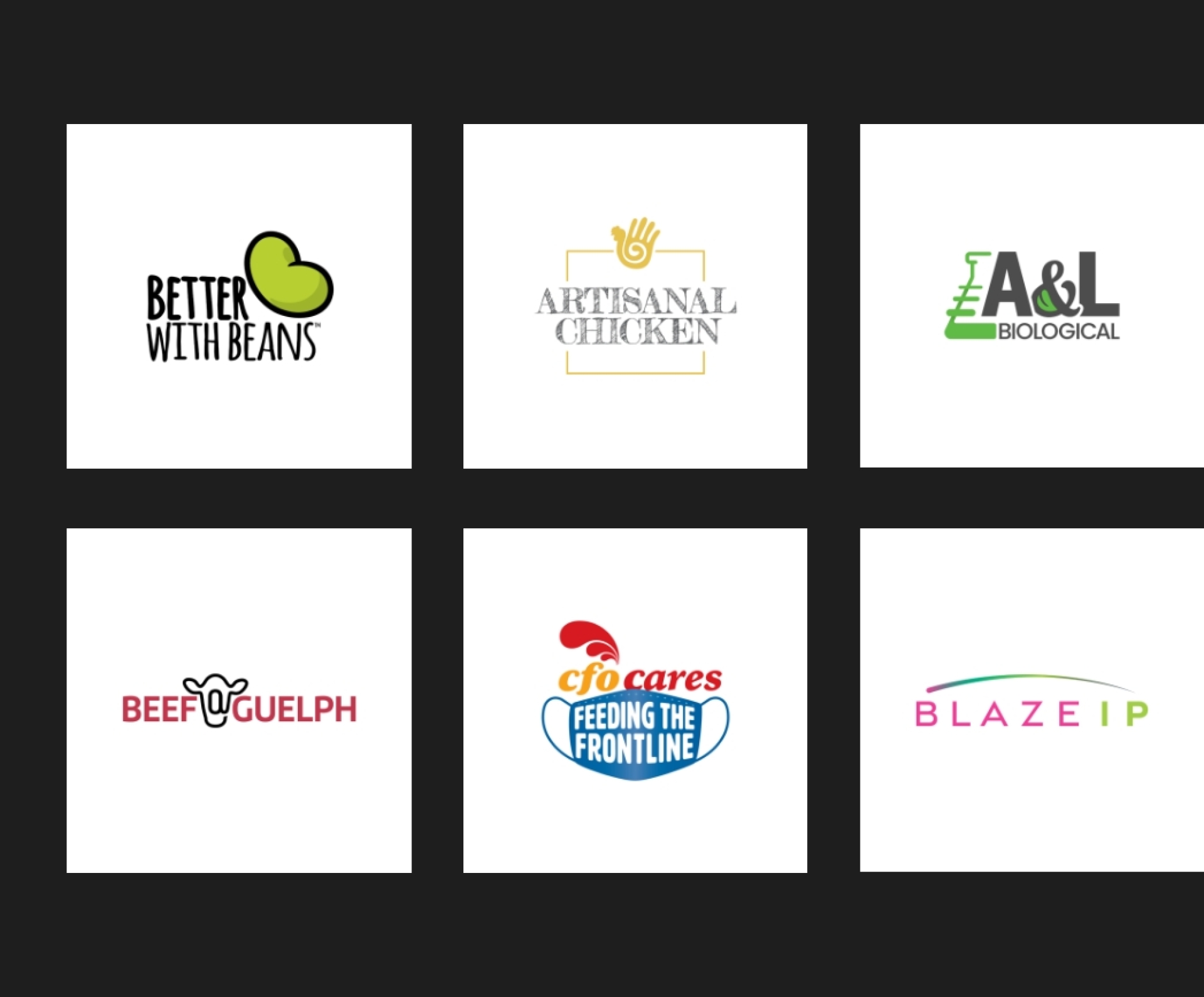 A collage with Better With Beans logo design, Artisanal Chicken logo design, A&L Biological logo design, Beef Guelph logo design, CFO Cares logo design and Blaze IP logo design