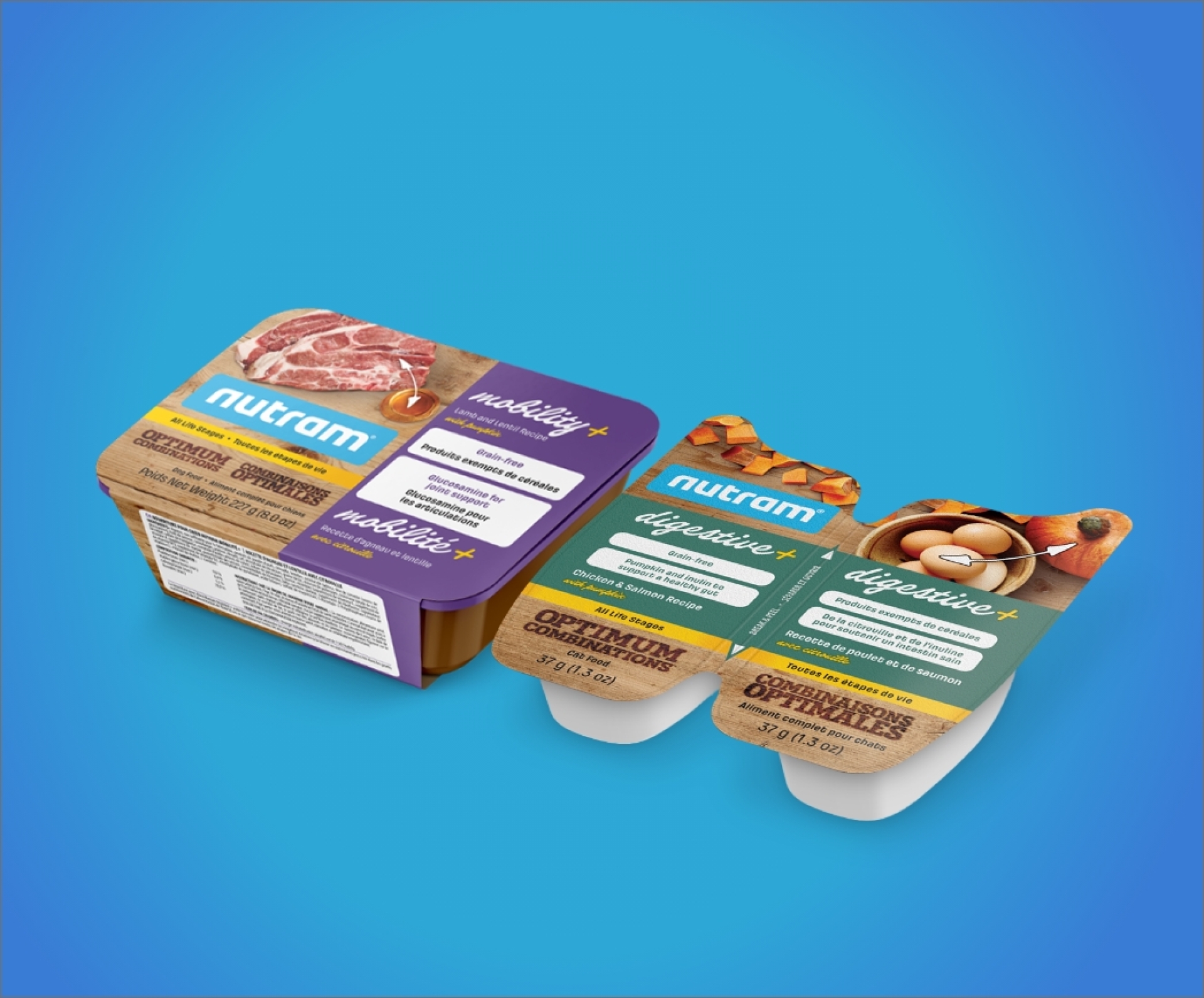 Nutram wet food product packaging design for mobility+ and digestive+ formulas