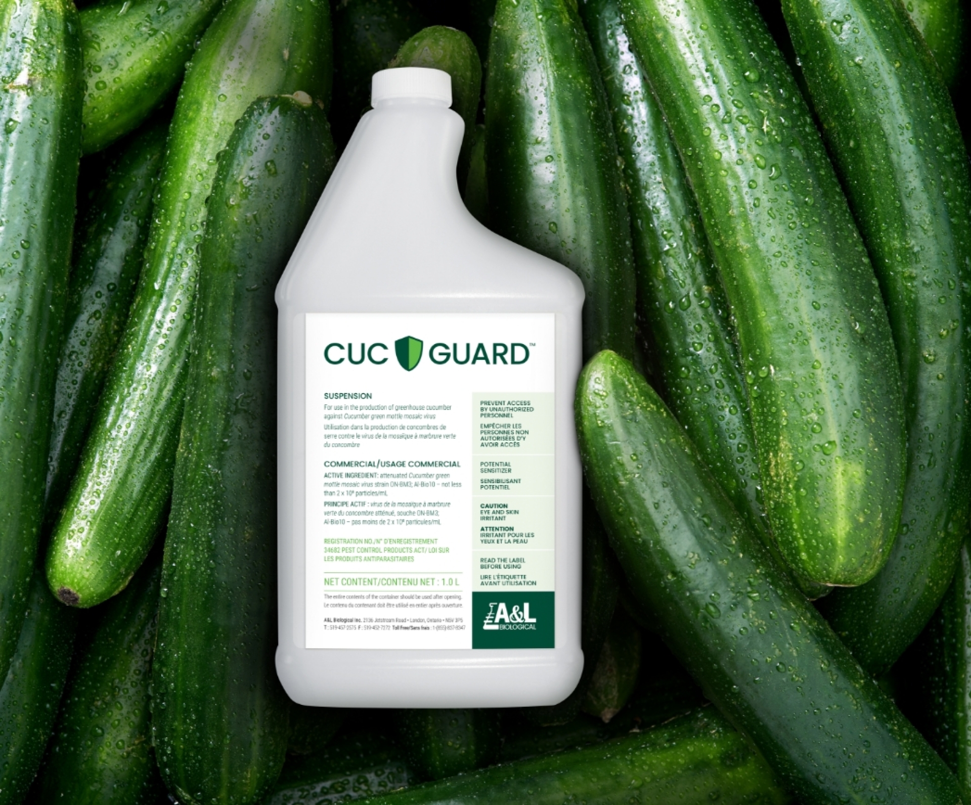 Package design for a Cuc-Guard bottle shown among a bunch of cucumbers