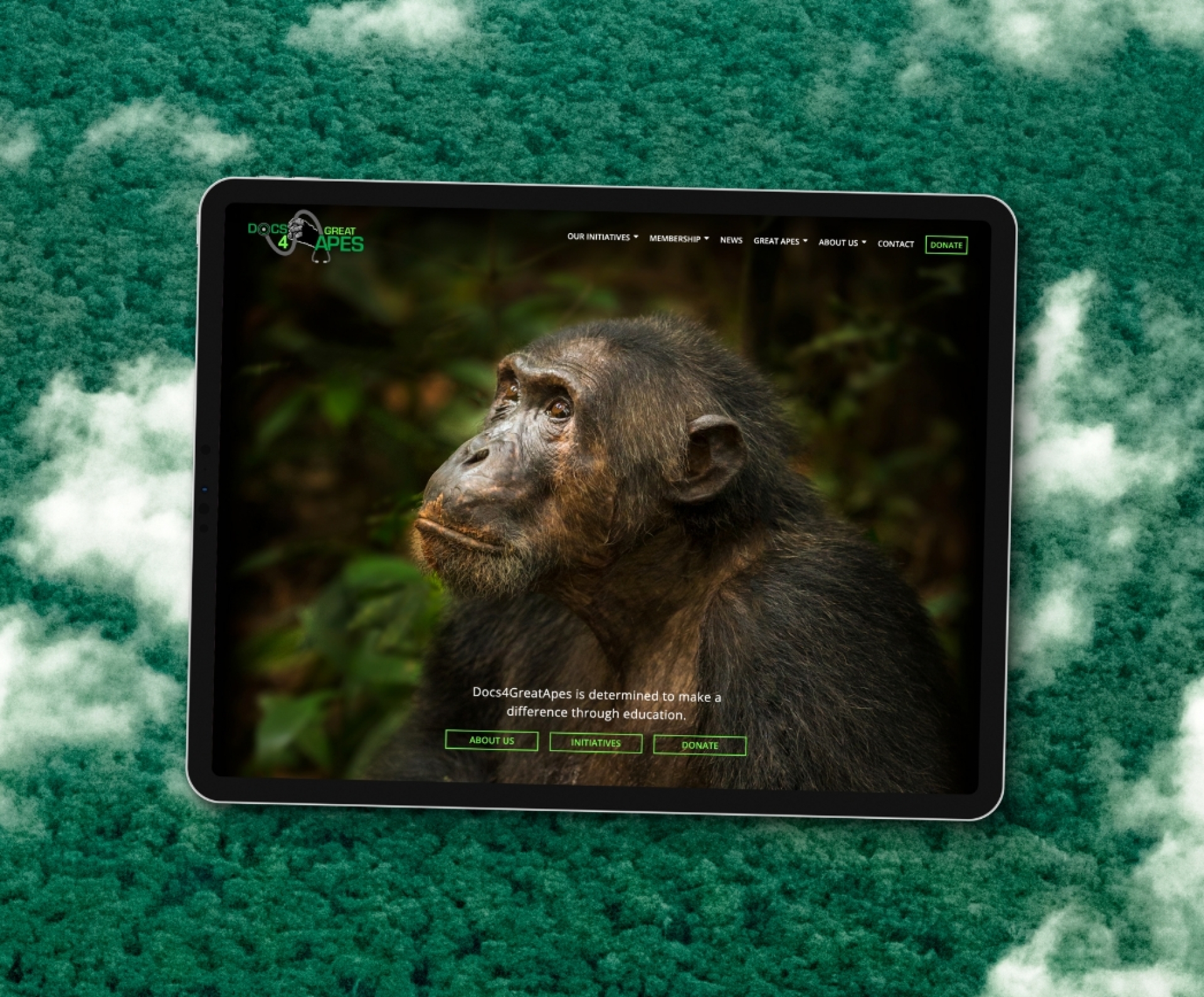 Docs4GreatApes website design showcased on a tablet screen with a jungle in the background