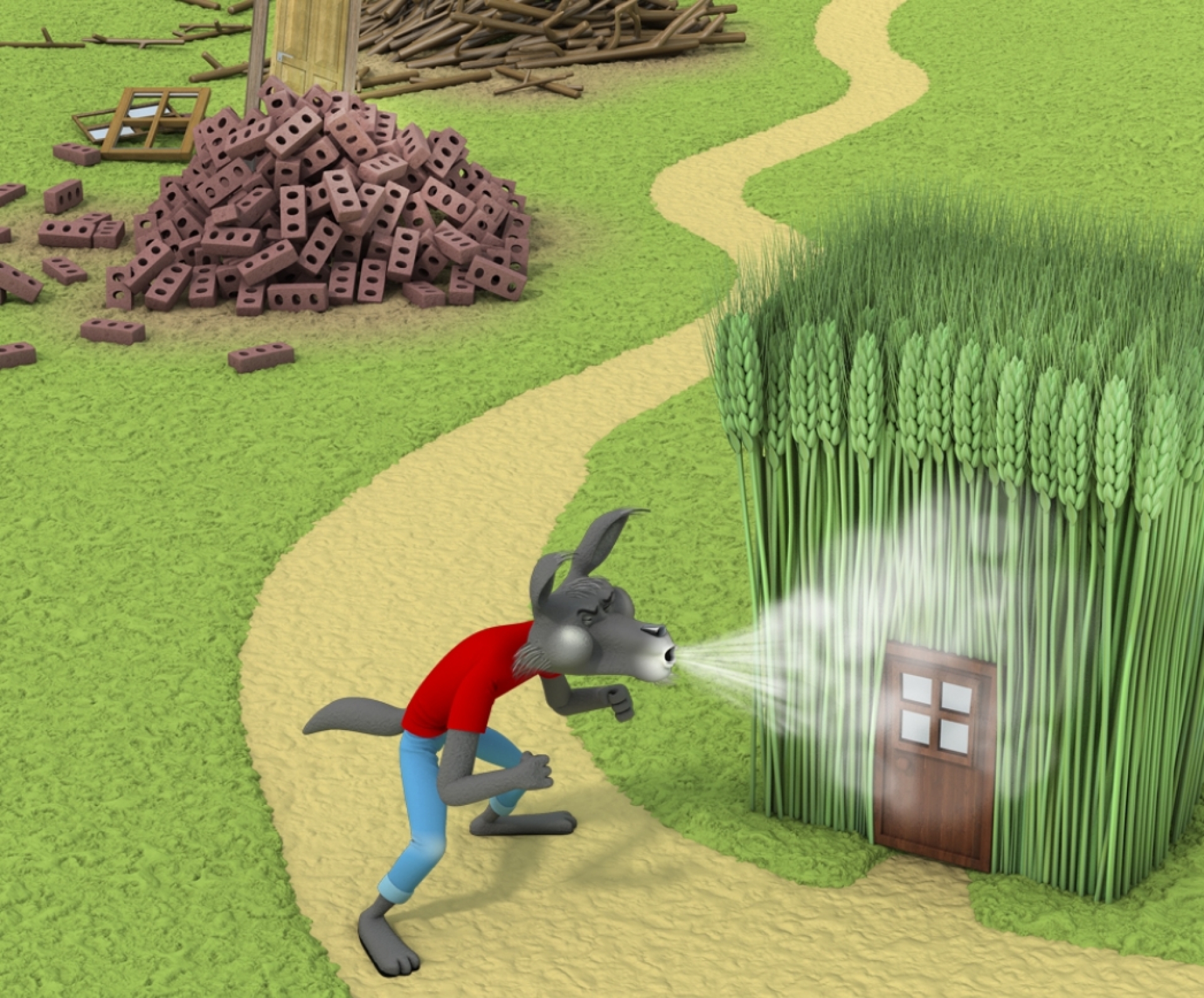 Illustration of the big bad wolf trying to blow down a house made of stalks and failiing