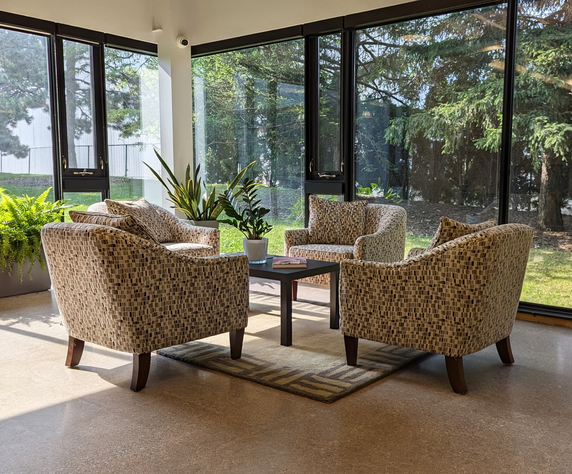 Four comfortable chairs surrounded by windows