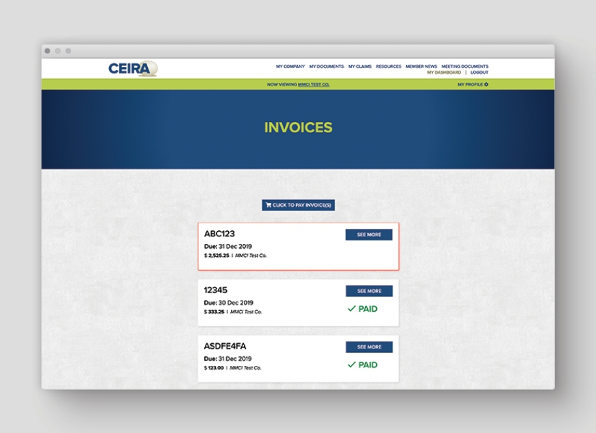 Ceira website design invoices page