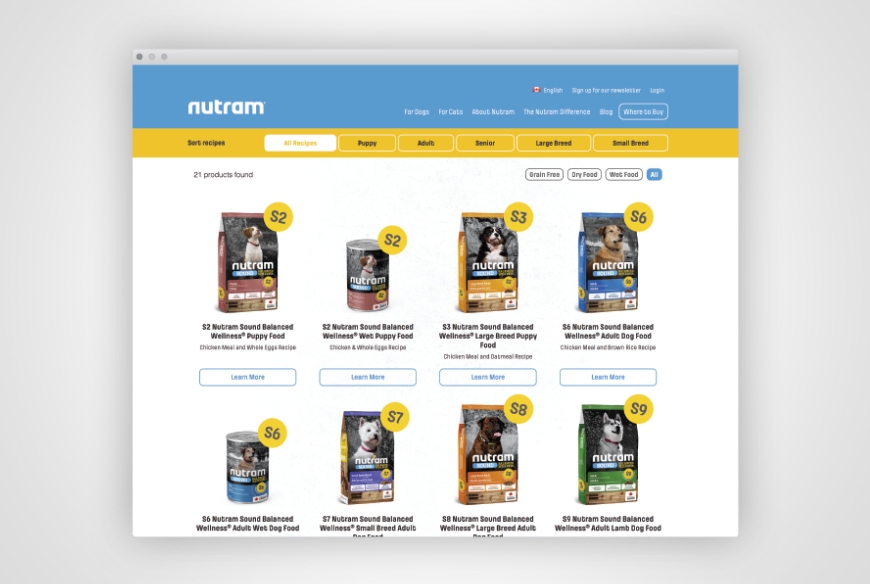 Nutram website product list page